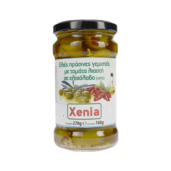 Ελιές πράσινες γεμιστές με λιαστή ντομάτα